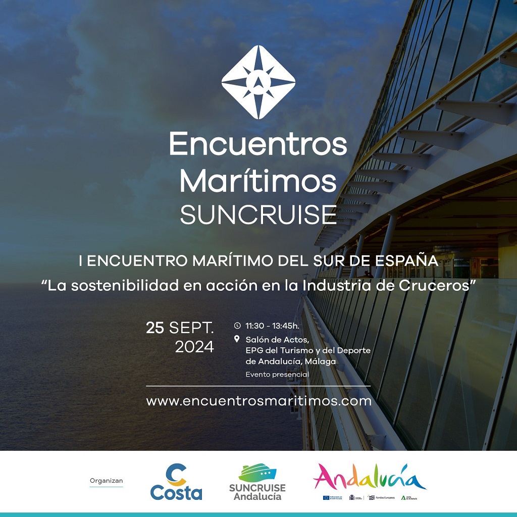 Cartel de "Encuentros Marítimos Suncruise". Incluye horario, ubicación del evento, fecha, web oficial y logos de Costa Cruzeros, Suncruise Andalucía y Diputación de Andalucía