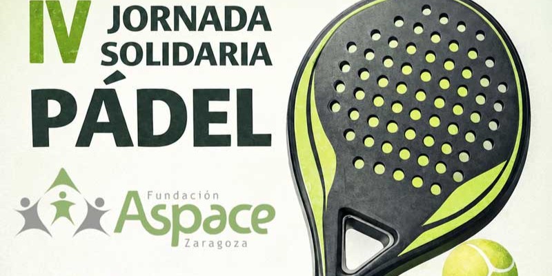 Cartel promocional del evento, con el título, el logo de Fundación ASPACE y a la derecha una raqueta de pádel con una pelota