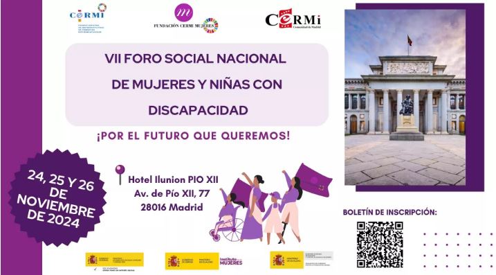 cartel del evento, con un fondo blanco sobre letras moradas. Están las fechas y los logos de los colaboradores