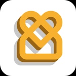 Silueta de una casa y un corazón fundidos en una nueva  figura, en naranja, casa abajo y corazón  arriba. Fondo blanco.