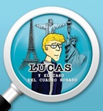 Guía de videojuegos accesibles - Dicapacidad Intelectual: Cchco rubio, con  gafas. Visto a traves de una lupa. Fondo azul.