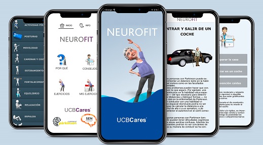 pantallazos de la app de NeuroFit con una persona haciendo ejercicio y otros servicios