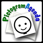 Agenda abierta, y encima una ficha cuadrada, con una carita sonriente. Arriba “PictogramAgenda” en verde y azul. Fondo blanco.