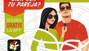 dibujo de una pareja joven con gafas de sol, banner de la app para descargar gratis