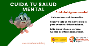 cartel de Confederación Salud Mental con el dibujo de un cerebro y cuida tu salud mental durante el COVID-19