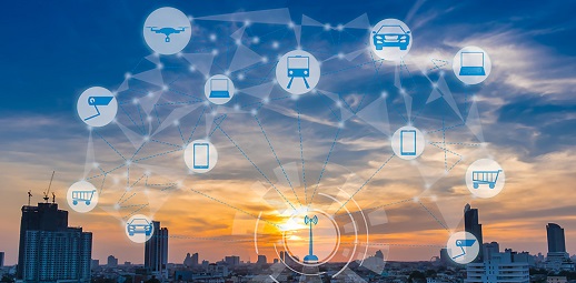 vista de una ciudad al atardecer e iconos de comunicaciones, transporte, seguridad, compras, móviles, temas de los que pueden versar comunicaciones, se amplía el plazo para presentarlas