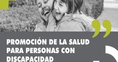 Cártel promoción de la salud para personas con discapacidad, con una fotografía de un padre y una hija sonriendo en el parque