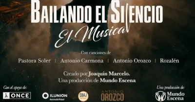 Cartel promocional del musical Bailando el Silencio. Sobre un fondo oscuro con tonos marrones y efecto de humo destaca el título en letras grandes blancas: “Bailando el Silencio. El Musical”. Debajo aparece el texto “Con canciones de Pastora Soler, Antonio Carmona, Antonio Orozco y Rozalén”. También se indica: “Creado por Joaquín Marcelo. Una producción de Mundo Escena”. En la parte inferior figuran los logotipos de Fundación ONCE, ILUNION Accesibilidad, CBAJ by Mármoles, Antonio Orozco y Mundo Escena.