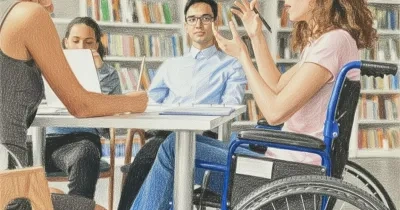 Imagen creada con IA en la que se ve a jóvenes con discapacidad alrededor de una mesa en una biblioteca