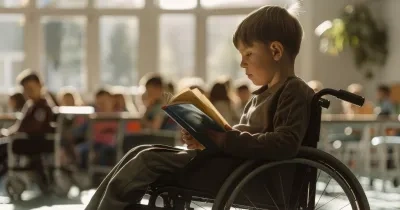 Un niño en silla de ruedas lee en un aula adaptada y accesible 