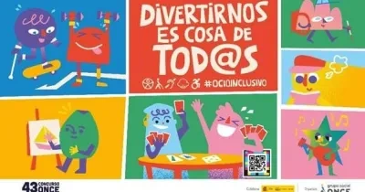 Cartel ilustrado de la 43ª edición del Concurso Escolar ONCE formado por varias viñetas de colores con personajes animados que representan situaciones de ocio inclusivo. En el centro aparece el lema “Divertirnos es cosa de tod@s”, acompañado de iconos de accesibilidad y la etiqueta #OcioInclusivo. Alrededor se muestran escenas relacionadas con el deporte, el arte, los juegos y la música, protagonizadas por personajes con distintas discapacidades. En la parte inferior figuran los logotipos del