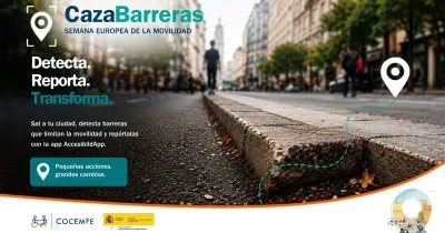 Cartel de la campaña #CazaBarreras de Cocemfe para la Semana Europea de la Movilidad. La imagen muestra un bordillo elevado en una calle urbana como ejemplo de barrera de accesibilidad. Sobre la fotografía aparece el mensaje: “Detecta. Reporta. Transforma.”, junto a una invitación para identificar y registrar obstáculos que limitan la movilidad mediante la aplicación AccesibilidApp. El diseño incluye iconos de geolocalización y los logotipos de Cocemfe y entidades colaboradoras.