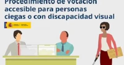 Fotograma del video sobre el procedimiento de votación accesible para personas ciegas o con discapacidad visual del Ministerio del Interior, donde aparece un dibujo de una persona ciega con un documento en braille que se dirige a una mesa electoral (Fuente: Ministerio del Interior)