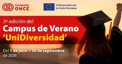 Cartel promocional del Campus de Verano UniDiversidad 2026. A la izquierda aparecen los logotipos de Fundación ONCE y de la Unión Europea con el texto “Cofinanciado por la Unión Europea”. En el centro se lee: “3ª edición del Campus de Verano ‘UniDiversidad’. Del 1 de julio al 30 de septiembre de 2026”. A la derecha, silueta de una persona de espaldas levantando un birrete de graduación frente a un fondo de atardecer.