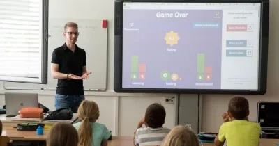 Profesor en una clase enseñando a niños con una pizarra digital