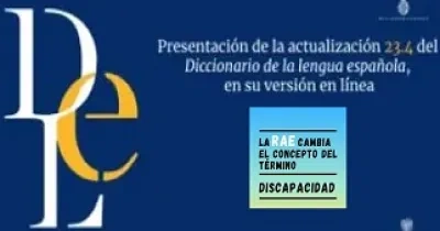 Banner donde se destaca la nueva acepción de discapacidad por la RAE, en la portada de un libro deaunque "podría haber sido más amplia"