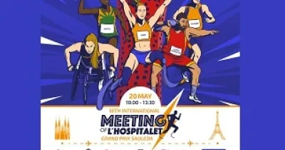 Cartel del 18º Meeting Internacional de Atletismo Paralímpico de L’Hospitalet, con los cinco medallistas paralímpicos representados en el mismo