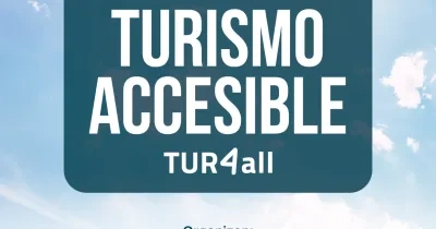 Cartel promocional del V Congreso de Turismo Accesible TUR4all, que se celebrará en Bilbao los días 16 y 17 de noviembre de 2026. Sobre un fondo de cielo con nubes aparece el título principal en letras blancas dentro de un recuadro azul. Debajo figuran las entidades organizadoras: Bizkaia Fundazioa Diputación Foral, TUR4all e Impulsa Igualdad. En la parte inferior se muestra una panorámica urbana de Bilbao con edificios y el Mercado de la Ribera.