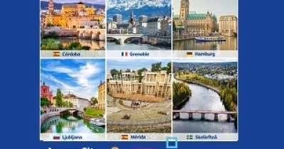Cartel de la Comisión Europea, donde aparecen las seis ciudades finalistas para el Premio Ciudad Europea Accesible 2023