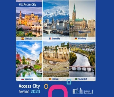 Cartel de la Comisión Europea, donde aparecen las seis ciudades finalistas para el Premio Ciudad Europea Accesible 2023