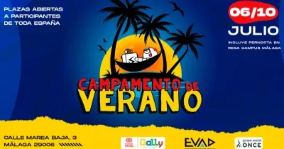 Cartel promocional del campamento accesible de videojuegos ‘Ga11y’ de Fundación ONCE. Aparecen jóvenes jugando con mandos y ordenadores, junto al logotipo de Ga11y y la información del evento que tendrá lugar en Málaga del 6 al 10 de julio.