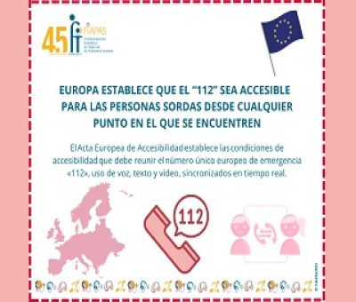 Banner sobre el Acta Europea de Accesibilidad que establece que el "112" sea accesible para las personas sordas desde cualquier punto de la UE (Fuente: FIAPAS)