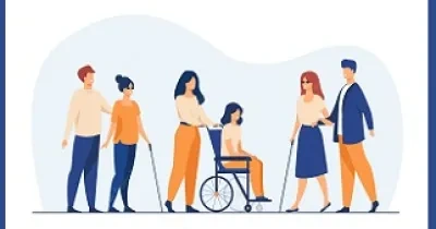 Dibujos de varias personas con diferentes discapacidades y con acompañantes