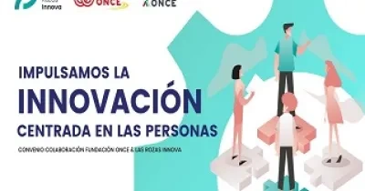 Banner sobre el convenio de colaboración entre Fundación ONCE y Las Rozas Innova, con el lema "Impulsamos la Innovación Centrada en las Personas" (Fuente: Fundación ONCE)