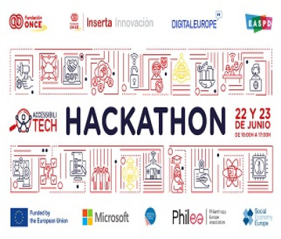 Banner del Hackathon de Accessibilitech, organizado por Fundación ONCE y Digital Europe