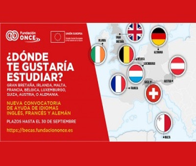 Banner de las Becas, donde aparecen los países donde se puede estudiar idiomas con ayuda de Fundación ONCE