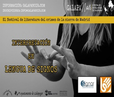 Cartel Festival de literatura del crimen de la sierra de Madrid. Interpretación en lengua de signos