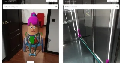 Montaje con dos capturas de pantalla de la aplicación Incluyes. La imagen de la izquierda muestra una simulación tridimensional de una persona utilizando una silla de ruedas al acercarse a una puerta dentro de una estancia con suelo de madera y un sillón rojo al fondo. La imagen de la derecha muestra el interior de un ascensor, con indicadores visuales y barras de apoyo resaltadas para evaluar su accesibilidad.