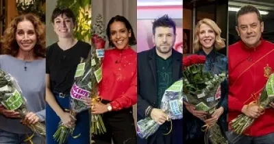 Los protagonista de este año de la ‘Gala Inocente, Inocente 2022’, de izquierda a derecha, Ana Belén, Blanca Suárez, la Lorena Castell, Pablo López, Sole Giménez y Tomás Roncero (Fotos de RTVE)