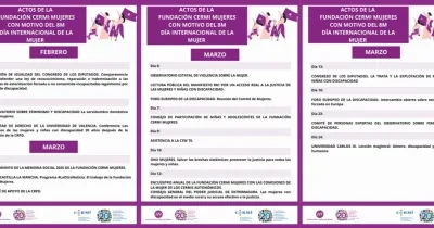 Infografía en 3columnas con calendario de actos de la FCM por el 8M. Incluye actividades en febrero y marzo: intervenciones en el Congreso, sesiones del Observatorio Feminismo y Discapacidad, conferencias universitarias, lectura del Manifiesto 8M, presentación de la Memoria Social, participación en foros sobre justicia, violencia y derechos de mujeres y niñas con discapacidad. En la parte inferior aparecen los logotipos de Fundación CERMI Mujeres, CERMI y el 20 aniversario de la Convención ONU