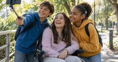 Tres adolescentes participan juntos en una actividad al aire libre en un parque accesible. Una de las personas utiliza una silla de ruedas y aparece en el centro de la imagen, mientras otra sostiene un teléfono móvil en un palo para hacerse una fotografía. A la derecha, una tercera persona lleva un implante auditivo visible. Al fondo se observan árboles y un camino peatonal iluminado por luz natural.