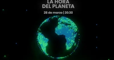 Dibujo de un fondo negro con iluminación en el mapa del mundo. Arriba titulan la foto como "La Hora del Planeta", 28 de marzo / 20:30