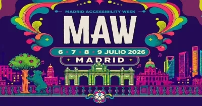 Cartel promocional colorido de la Madrid Accessibility Week. En el centro aparece el texto “MAW” en letras grandes, junto a “Madrid Accessibility Week” y las fechas “6 · 7 · 8 · 9 Julio 2026”, seguido de “Madrid”. La ilustración muestra un paisaje urbano estilizado de Madrid con monumentos emblemáticos, edificios modernos, una puerta monumental en el centro, un árbol y una figura de oso junto a él. El diseño utiliza colores vivos , con elementos decorativos psicodélicos y notas musicales sobre fondo oscuro