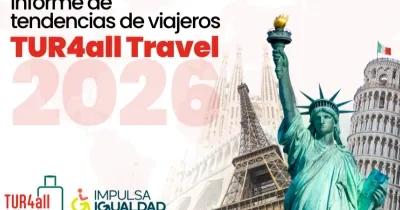 Portada del informe “Tendencias de viajeros TUR4all Travel 2026”. Sobre un fondo claro con un mapa del mundo difuminado, aparecen varios monumentos emblemáticos: la Estatua de la Libertad en primer plano, la Torre Eiffel, la Sagrada Familia y la Torre de Pisa. El número “2026” destaca en gran tamaño y color rosa claro. En la parte inferior se muestran los logotipos de TUR4all e Impulsa Igualdad.