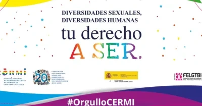 Imagen con un fondo claro decorado con puntos de colores y formas curvas en tonos vivos. En el centro aparece el mensaje principal: “Diversidades sexuales, diversidades humanas. Tu derecho a ser”, con la palabra “SER” destacada en colores del arcoíris. En la parte inferior se sitúan varios logotipos institucionales, entre ellos CERMI, el 20 aniversario de la Convención Internacional sobre los Derechos de las Personas con Discapacidad, el Gobierno de España y FELGTBI+. En la franja inferior destaca el hashta