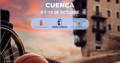 Cartel de la V Supercopa de España de baloncesto en silla de ruedas. En primer plano aparecen un balón de baloncesto y parte de una silla de ruedas, con la ciudad de Cuenca al fondo. La imagen anuncia la celebración del torneo los días 9 y 10 de octubre e incluye los logotipos de BSR España, Fundación ONCE, FEDDF, CaixaBank y el Consejo Superior de Deportes.