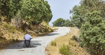 Persona en silla de ruedas por sendero accesible