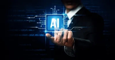Un hombre pulsando una pantalla digital donde aparecen las siglas AI (IA en inglés)