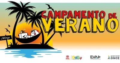 Creatividad informativa del campamento con un dibujo de una isla con palmeras en el mar