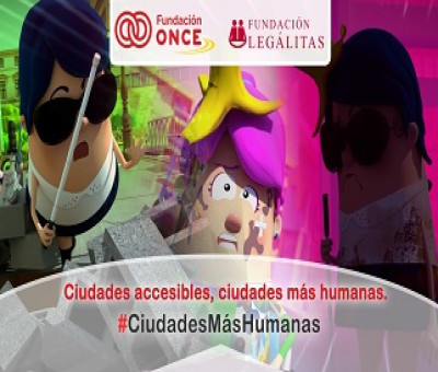 Banner de la campaña "Ciudades accesibles, ciudades más humanas", protagonizada por los conocidos personajes de la serie ‘ON Fologüers’ de Fundación ONCE