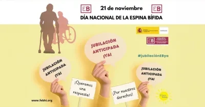 Imagen de la campaña de la FEBHI sobre la jubilación anticipada, con carteles dentro de la imagen solicitándolo como si fuera una manifestación
