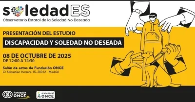 cartel del evento con el logo de soledades arriba a la izquierda, el título, la fecha y la sede en negro sobre fondo amarillo, acompañado de un dibujo de un hombre con un perro guía y unas manos mostrando ayuda a su alrededor. Se pueden ver los logos en negro al final