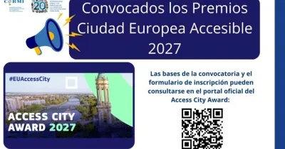 Cartel informativo del CERMI sobre los Premios Ciudad Europea Accesible 2027. En la parte superior aparece el texto “Convocados los Premios Ciudad Europea Accesible 2027” junto a la ilustración de un megáfono. A la izquierda hay una imagen de una ciudad con el texto “Access City Award 2027” y la etiqueta “#EUAccessCity”. A la derecha se indica que las bases y el formulario de inscripción están disponibles en el portal oficial del premio, acompañado de un código QR.