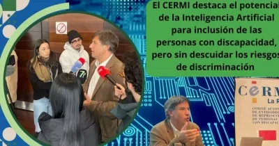 Cartel del CERMI sobre la inteligencia artificial. Muestra a un hombre en traje marrón hablando con periodistas que sostienen micrófonos de medios como Telecinco y Antena 3, en un interior con paredes de madera. Fondo digital con circuitos y texto: 'El CERMI destaca el potencial de la inteligencia artificial para la inclusión de personas con discapacidad, pero sin descuidar los riesgos de discriminación'. Incluye el logo del CERMI y elementos gráficos en verde y azul