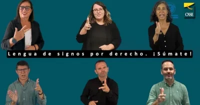 6 personas hablando con lengua de signos, bajo el lema "Lengua de signos por derecho. ¡Súmate! con el logo dela CNSE