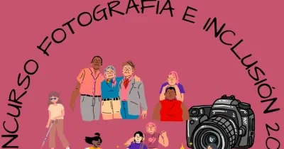 cartel del concurso con el título y varios stickers de dibujos de personas con discapacidad